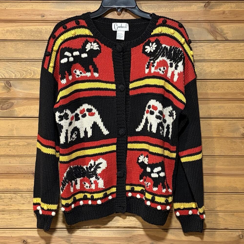 Vintage Carducci Women’s Button Down Sweater Cat Theme Pompoms FLAW Size M
